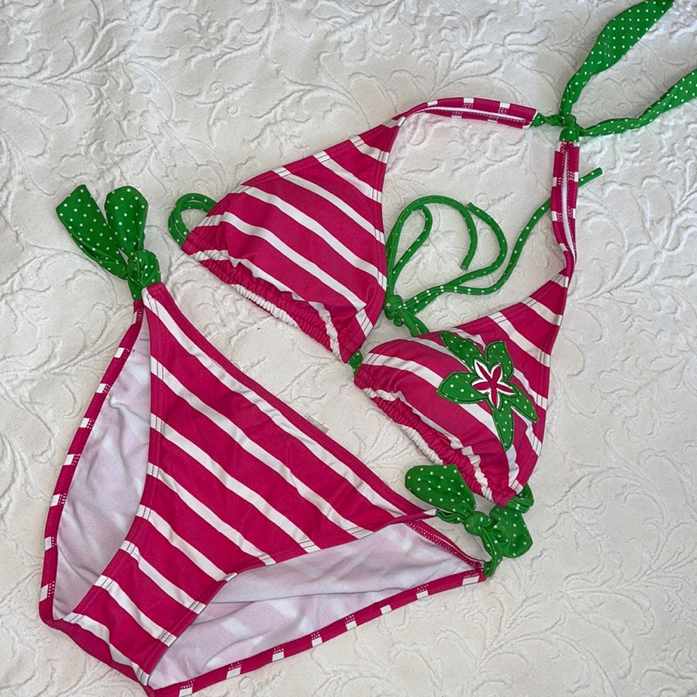 String bikini pink and green with tie sides and back